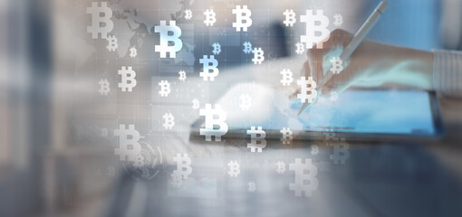 Blockchain and Cryptocurrency Transactions on a Digital Tablet.