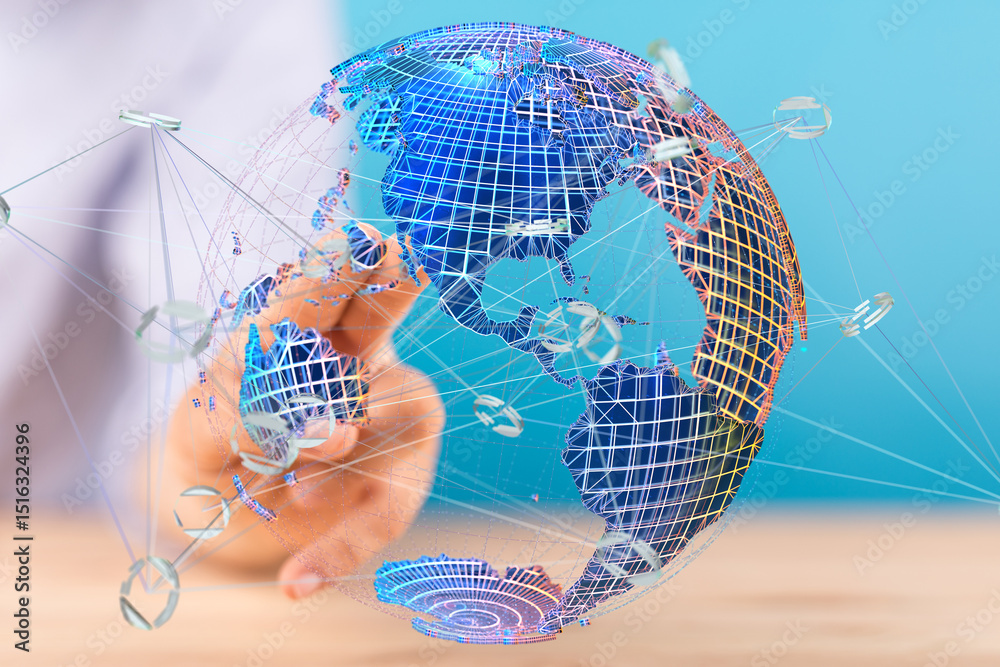 Fototapete high-tech image of a hand interacting with a digital globe, showcasing global connectivity and netwo