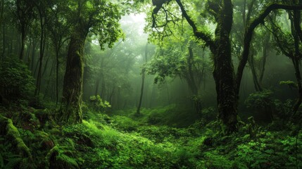Fototapeta premium Lush green forest scenery featuring dense trees and undergrowth with atmospheric mist