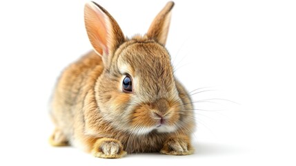 Obraz premium This adorable brown rabbit sits in a relaxed pose on a clean white backdrop, showcasing its fluffy fur and curious expression that appeals to animal lovers and pet enthusiasts.