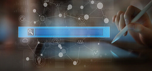 SEO Online Search Engine Interface and Digital Information Network Displayed on a Tablet.