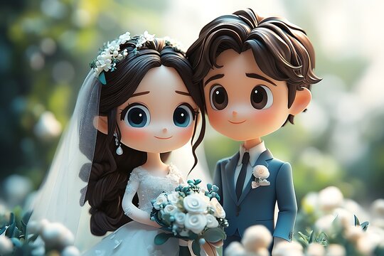 Adorable cartoon couple wedding figurines romantic garden