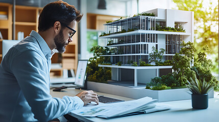 Architect reviewing a detailed model of a modern building in a well-lit office environment