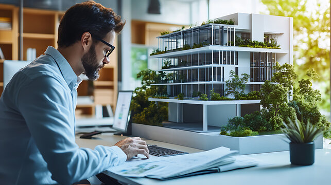 Architect reviewing a detailed model of a modern building in a well-lit office environment