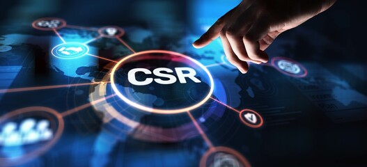 CSR Corporate Social Responsibility Promoting Ethical Practices and Community Engagement, projection on a virtual screen, Business and Technology Concept.