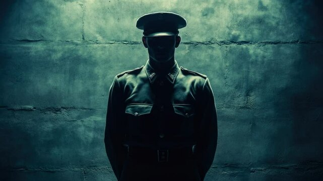 A person in military attire standing by a wall