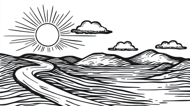 A black and white landscape drawing of a winding river flowing through rolling hills, with a sun and clouds in the sky