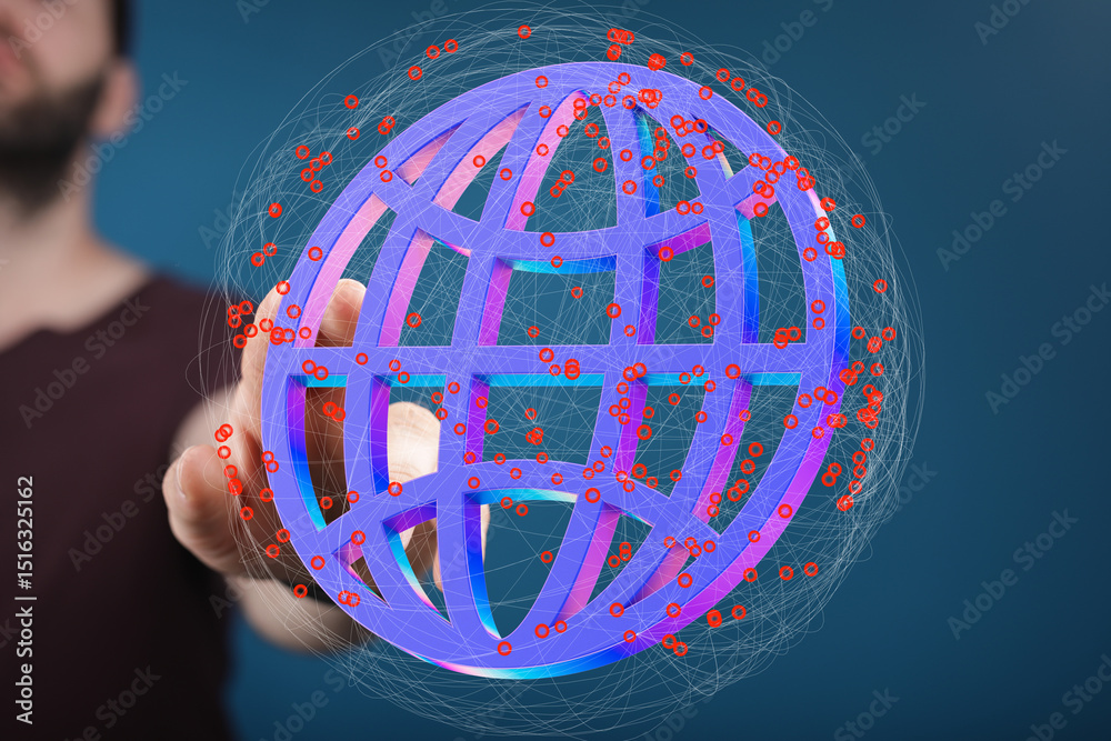 Aufkleber person interacting with a 3d digital globe, representing global network, data connections, and inter
