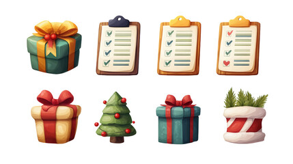 Festive collection of christmas icons featuring beautifully wrapped gifts, holiday task checklists, a decorated tree, and a fluffy santa hat on a transparent background