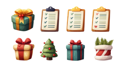 Festive collection of christmas icons featuring beautifully wrapped gifts, holiday task checklists, a decorated tree, and a fluffy santa hat on a transparent background