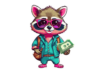 Fototapeta premium Adorable Raccoon Traveler Cartoon Illustration Cute Animal Character with Money
