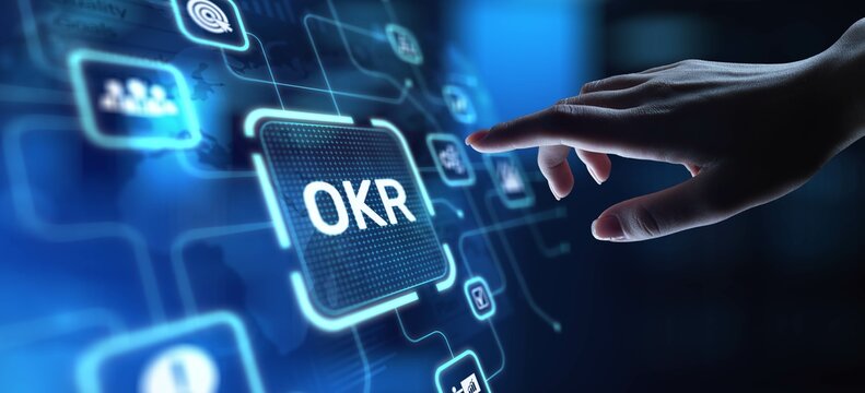 OKR Objectives and Key Results for Performance Management, projection on a virtual screen, Business and Technology Concept.