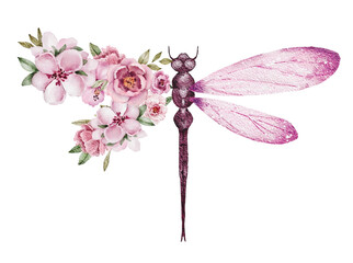 Watercolor illustration of a purple dragonfly with one wing made of pink flowers. Isolated on white. Ideal for summer cards, fabric, wall art, children products, and print use.