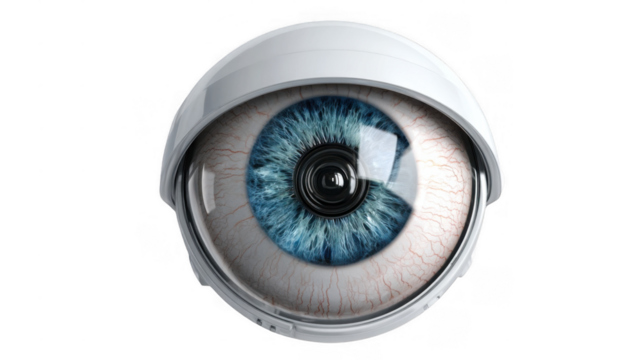 Security camera designed like a human eye, capturing and monitoring surroundings, ensuring safety and protection with a transparent background, embodying advanced surveillance technology