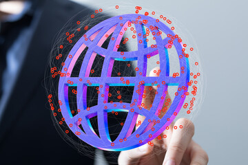 Hand interacting with a 3D globe, symbolizing global network and digital connection.