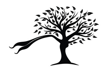 Silhouette of a stylized tree with windblown leaves and organic flowing branches on white