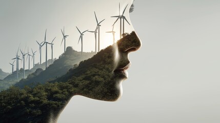 Composite image blends turbines landscape and symbolic illustration nature concept. AI generated