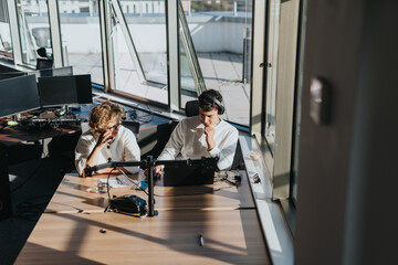 Fototapeta premium Two employees are focused on a project in a bright, modern office. The sun casts shadows on their workspace, creating a collaborative and thoughtful atmosphere.