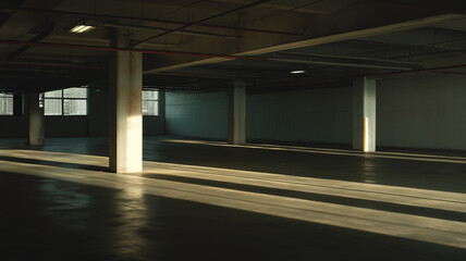 Dimly lit parking garage with flickering ceiling lights, wet floor reflecting shadows, urban tension theme, moody cinematic light