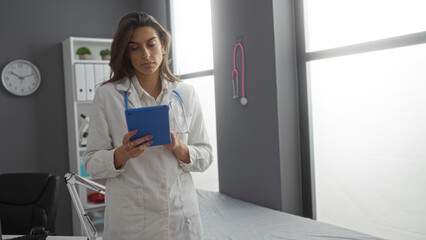 Woman doctor using tablet in modern hospital room with stethoscope and clock on wall, providing professional healthcare with focused attention in clinical setting indoors.