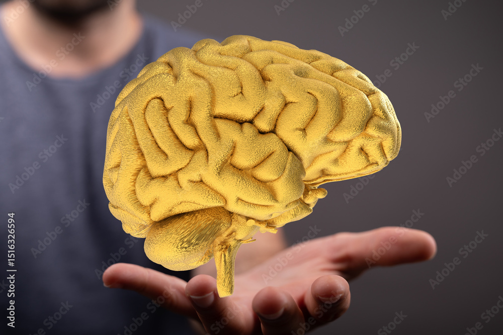 Aufkleber image of a golden brain held in open hands, symbolizing intellect, creativity, and problem-solving.