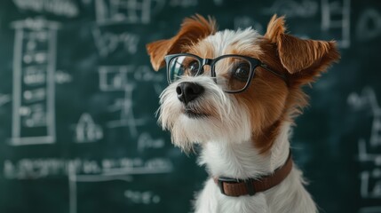 Jack Russell terrier wears glasses in front of the chalkboard. Use to illustrate concepts like intelligence, learning, or education.