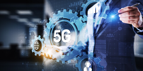 5G Fifth generation of mobile internet. Fast connection. Telecommunication concept on virtual screen.