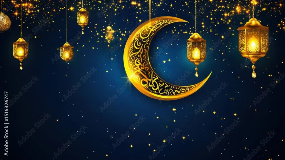 Poster a crescent moon with a lantern hanging from it, perfect for use in night or evening scenes