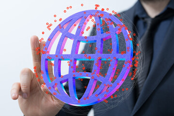 Image of a businessman interacting with a digital 3D globe, symbolizing global network connections...