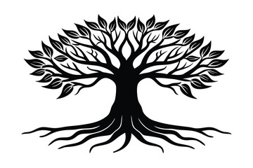 Elegant silhouette illustration of a rooted tree depicting life growth and nature