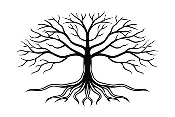 Obraz premium Simple black and white tree of life illustration showing branches and roots in a modern style