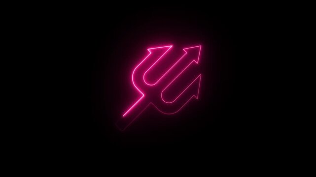 Abstract neon glowing of trident on a black background. Neptune trident.Trident devil flat. Neptune red trident.