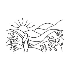 Minimalist line art illustration of a woman in a landscape with sun and foliage