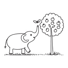 An elephant trunk extended to touch a tree fruit