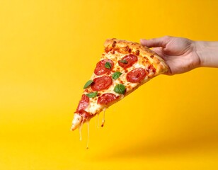 Hand holding a delicious pizza slice