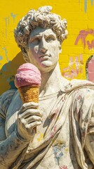 Naklejka premium Classical marble statue holding ice cream cone against colorful graffiti wall.