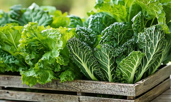 Fresh Green Bok Choy and Collard Greens in a Wooden Crate on White Wood Surface in Natural Outdoor Light