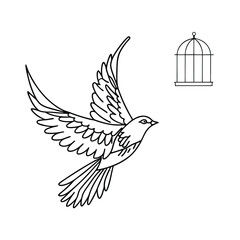 Bird symbolizes freedom escaping from cage outlines monochrome vector illustration