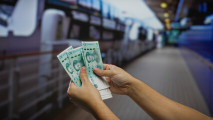 Hands holding chinese yuan banknotes on a train station platform, suggesting travel and business in an outdoor setting with currency exchange.