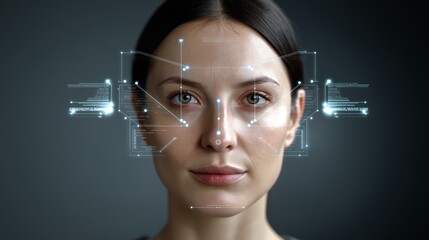 Digital face scanner overlays neutral human face. Data nodes create biometric lines. AI generated