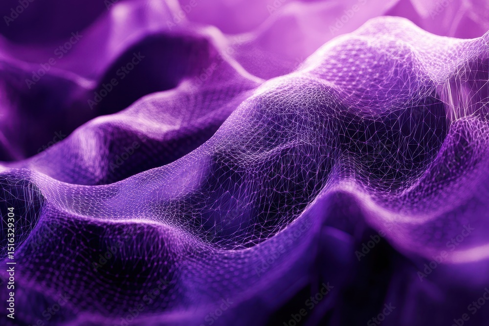 Poster abstract purple net waves with connected dots form a tech landscape. ideal for science, technology, 