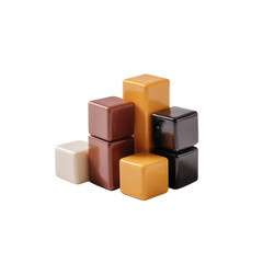 Obraz premium A colorful assortment of chocolate blocks arranged artfully against a clean white background, showcasing a variety of flavors and textures for dessert lovers.