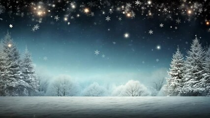 A magical winter scene with snow-covered trees and sparkling snowflakes falling against a blue night sky with glowing stars. - Powered by Adobe