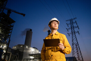 asian male engineer working  with digital tablet in oil refinery