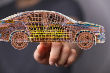 Innovative automotive design. 3D wireframe model of a car, digital visualization.