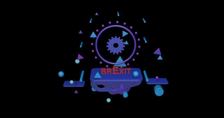 Red brexit symbol on a pedestal of abstract geometric shapes floating in the air. Abstract concept art with flying shapes in the center. 3d illustration on black background
