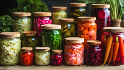 Jars of Pickled Vegetables and Fruits in Garden Marinated Food Storage