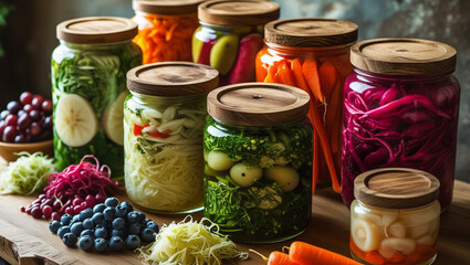 Jars of Pickled Vegetables and Fruits in Garden Marinated Food Storage