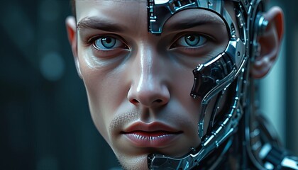 Humanity and Machine A captivating portrait of a man, his face split between human flesh and gleaming metallic robotic components, suggesting a fusion of organic and artificial.