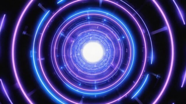 Abstract AI spiral of glowing lines singularity core, neon purple electric blue accents, circuit branching paths spinning inward, geometry digital dark void intense motion, futuristic soundscape